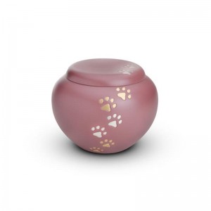 Brass - Rounded Pet Cremation Ashes Urn 1.0 Litre (Pink with Gold and Silver Pawprints)